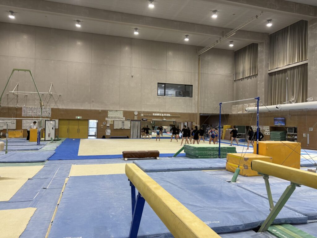 大学生と一緒に体操の練習に取り組むメタムーブジムの選手